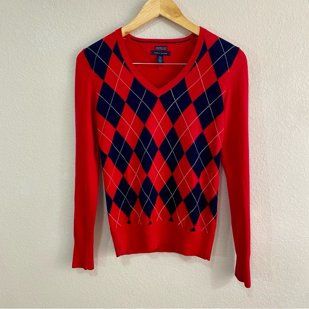 Tommy Hilfiger Red Argyle V-Neck Sweater 100% Pima Cotton XS Preppy - Picture 3 of 8